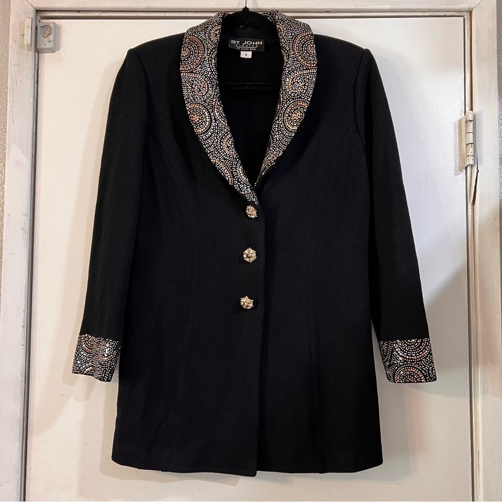 St. John Evening Jacket Blazer Long Line Bling Rhinestones Gold Black Silver 6